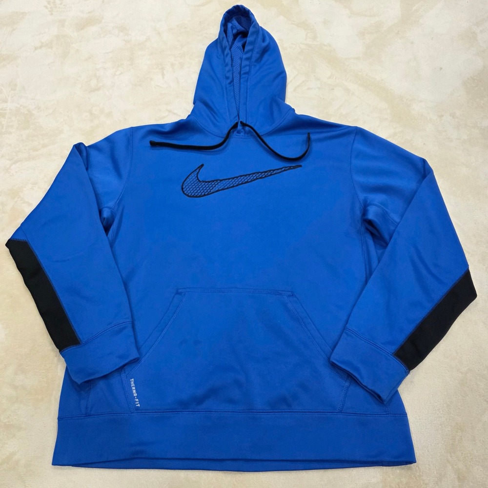 Nike ThermaFIT Mens Large Blue Hoodie Pullover Big Swoosh Fleece FA13 543467-494